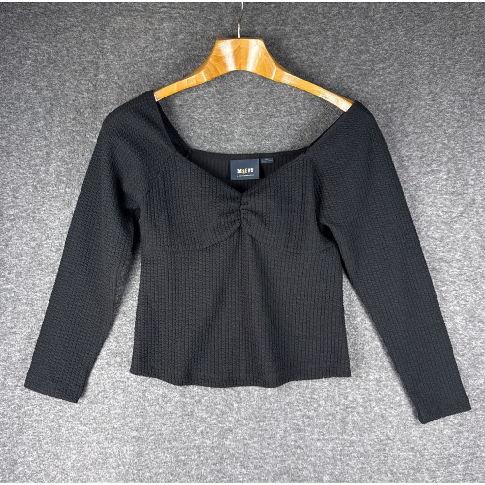 Maeve Anthropologie Top Small Ribbed Heart Neckline Black Sweetheart Long Sleeve